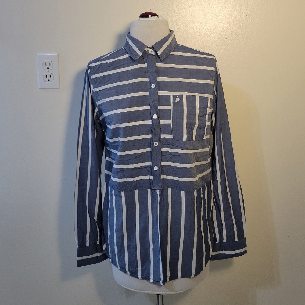 A&F (Women's Small) Cotton Viscose Blue Striped Quarter Button Long Sleeve Shirt